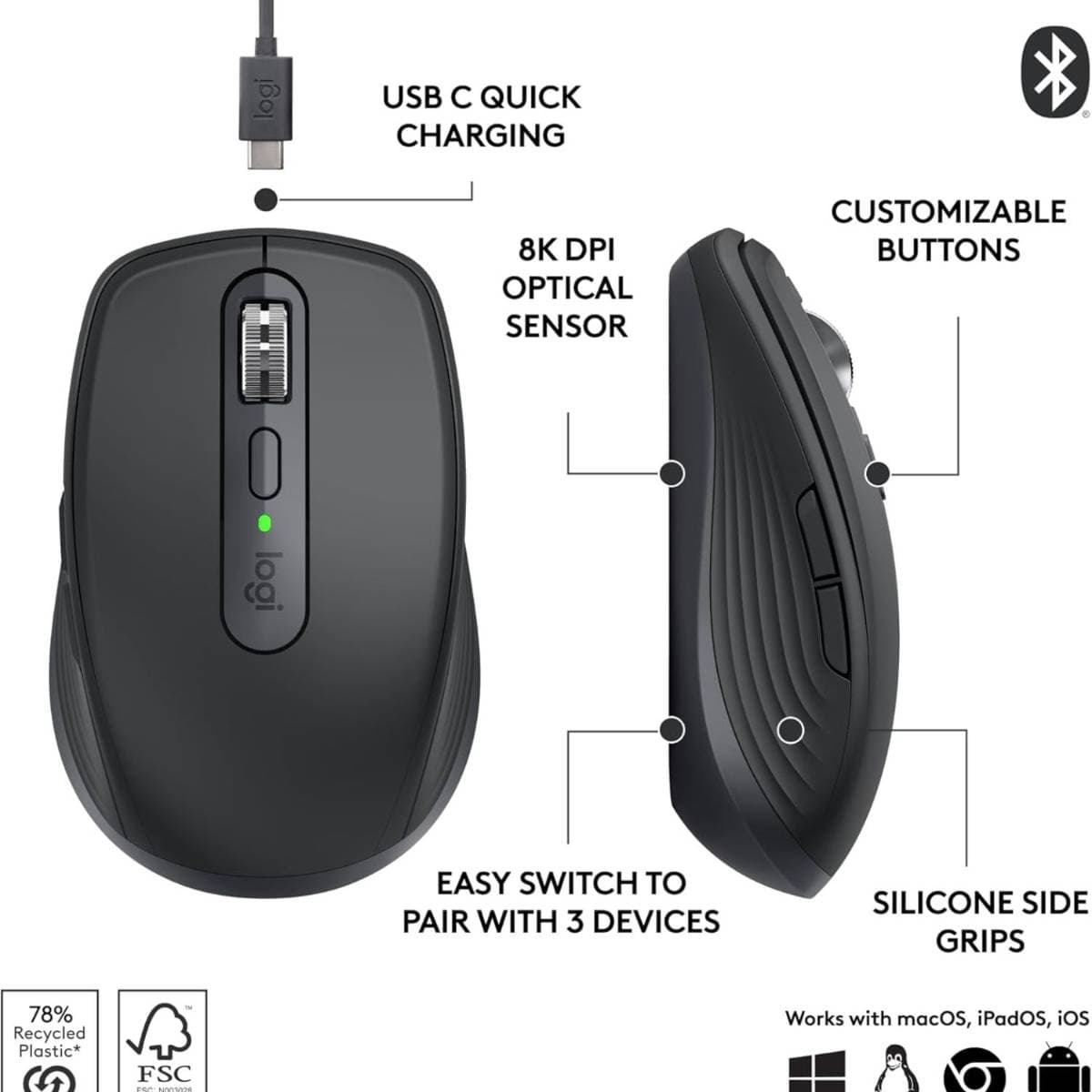 Logitech MX Anywhere 3S Compact Wireless Mouse, Fast Scrolling, 8K DPI Any-Surface Tracking, Quiet Clicks, Programmable Buttons, USB C, Bluetooth, Windows PC, Linux, Chrome, Mac - Graphite thumbnail 2
