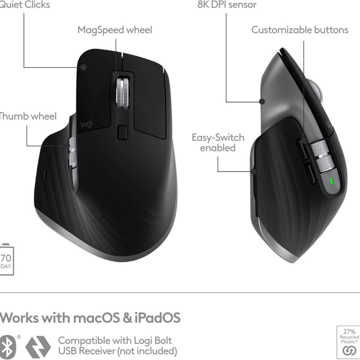 Logitech MX Master 3S for Mac - Wireless Bluetooth Mouse with Ultra-Fast Scrolling, Ergo, 8K DPI, Quiet Clicks, Track on Glass, Customization, USB-C, Apple, iPad - Space Grey thumbnail 3