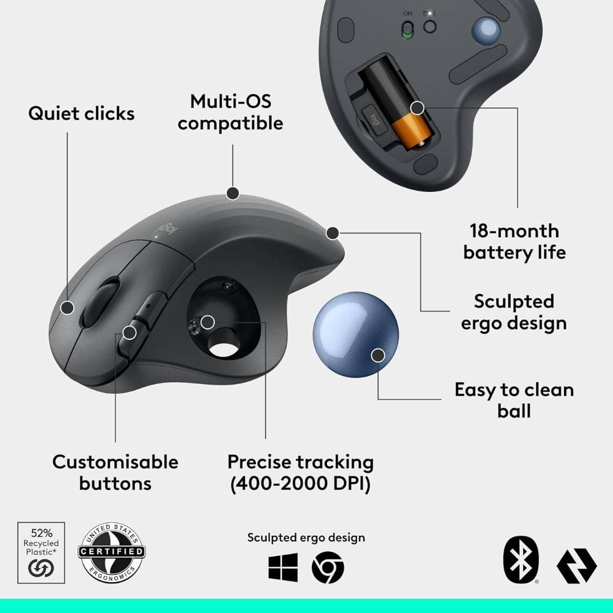 Logitech ERGO M575S Wireless Trackball Mouse – Ergonomic Thumb-Control Design, Bluetooth & Logi Bolt Connectivity, Quiet Clicks, 2000 DPI Optical Tracking, 18-Month Battery Life thumbnail 2
