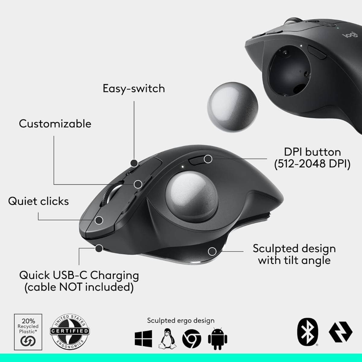 Logitech MX Ergo S Advanced Wireless Trackball Mouse – Ergonomic 20° Tilt Design, Bluetooth & Logi Bolt Connectivity, USB-C Rechargeable Battery, Quiet Clicks, 6 Programmable Buttons thumbnail 4