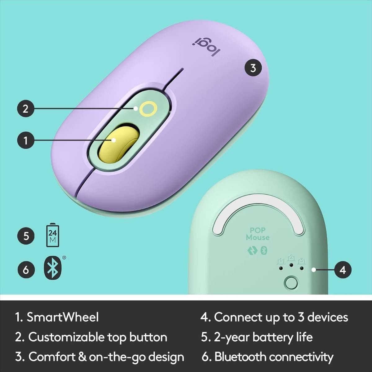 Logitech POP Wireless Mouse – Bluetooth Silent Mouse with Customizable Emoji Button, SmartWheel Scrolling, Multi-Device Easy-Switch, 4000 DPI Optical Sensor, 24-Month Battery Life thumbnail 5