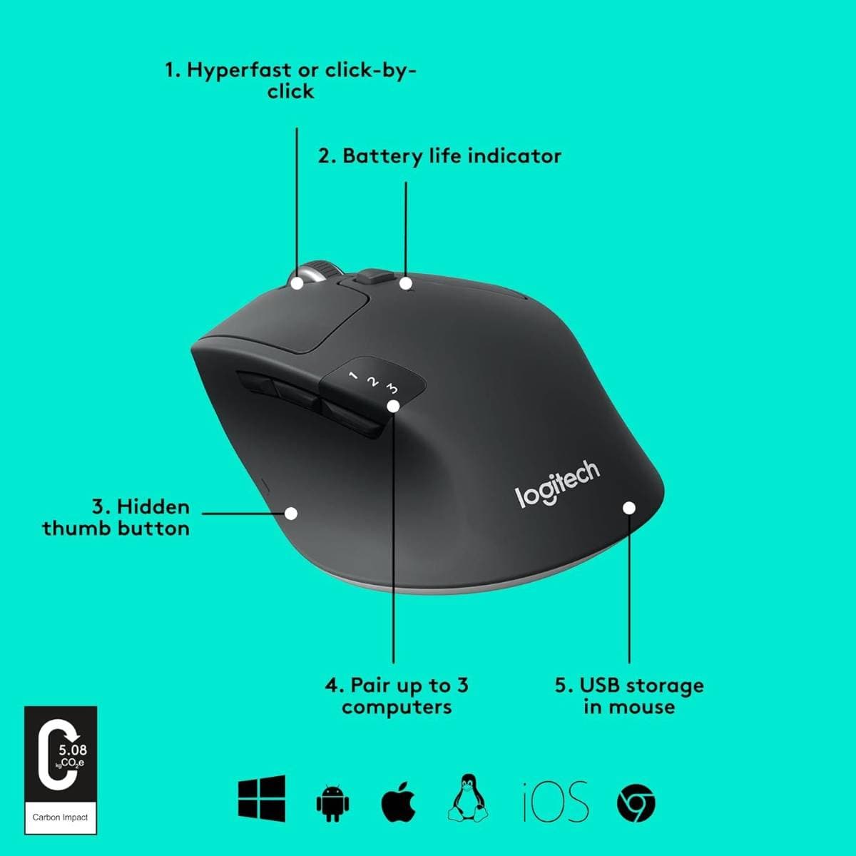 Logitech M720 Triathlon Multi-Device Wireless Mouse – Bluetooth & Unifying Receiver, Hyper-Fast Scrolling, 8 Programmable Buttons, Easy-Switch for 3 Devices, 24-Month Battery Life thumbnail 4