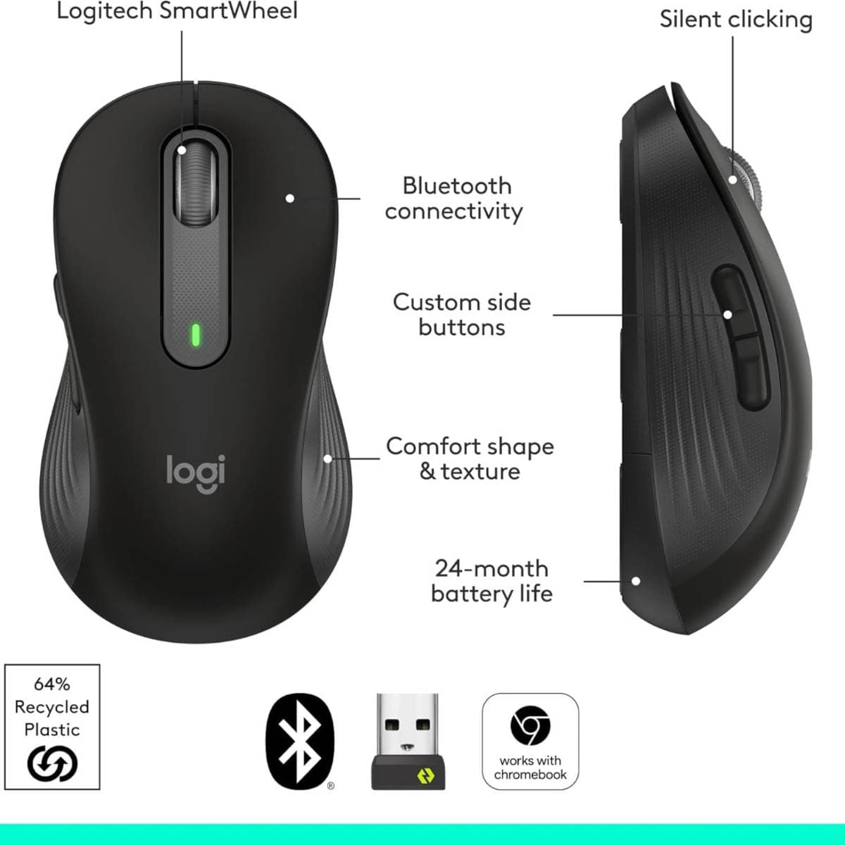 Logitech Signature M650 Wireless Mouse – Bluetooth & Logi Bolt Connectivity, SmartWheel Scrolling, Silent Clicks, 4000 DPI Optical Sensor, Customizable Buttons, 24-Month Battery Life thumbnail 4