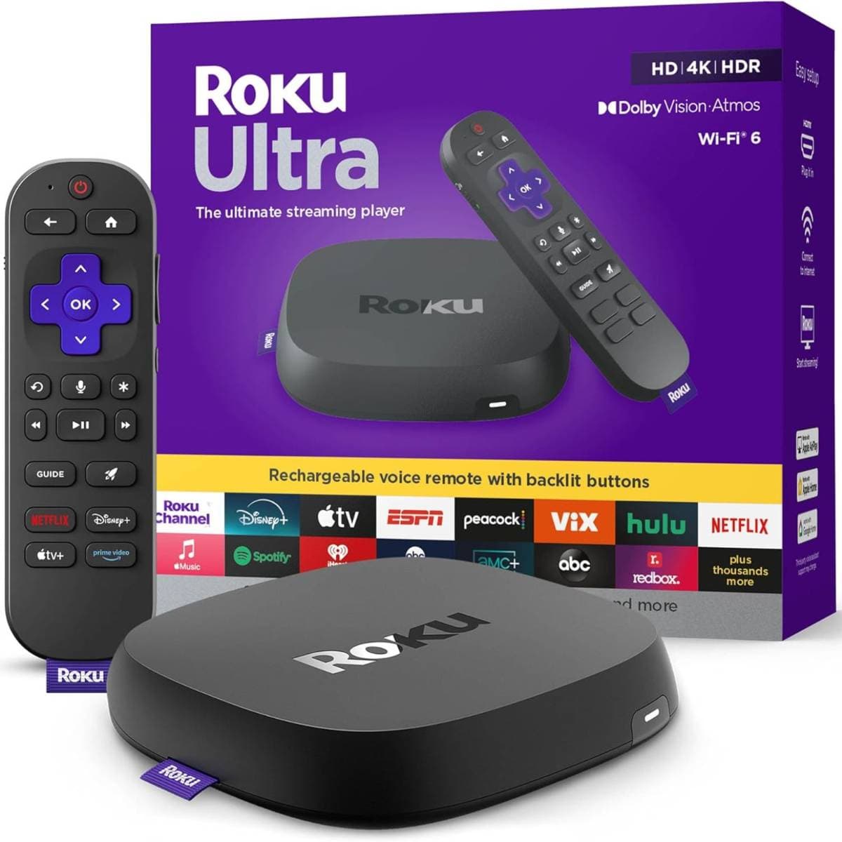Roku Ultra - Ultimate Streaming Player - 4K Streaming Device for TV with HDR10+, Dolby Vision & Atmos - Bluetooth & Wi-Fi 6- Rechargeable Voice Remote Pro with Backlit Buttons - Free & Live TV thumbnail 1