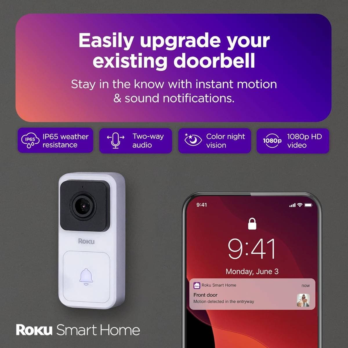 Roku Smart Home Wired Video Doorbell & Chime - 1080p HD Night Vision Ultrawide View Doorbell Camera with Motion & Sound Detection, 2-Way Audio & Works with Alexa & Google, 90-Day Subscription Included thumbnail 2