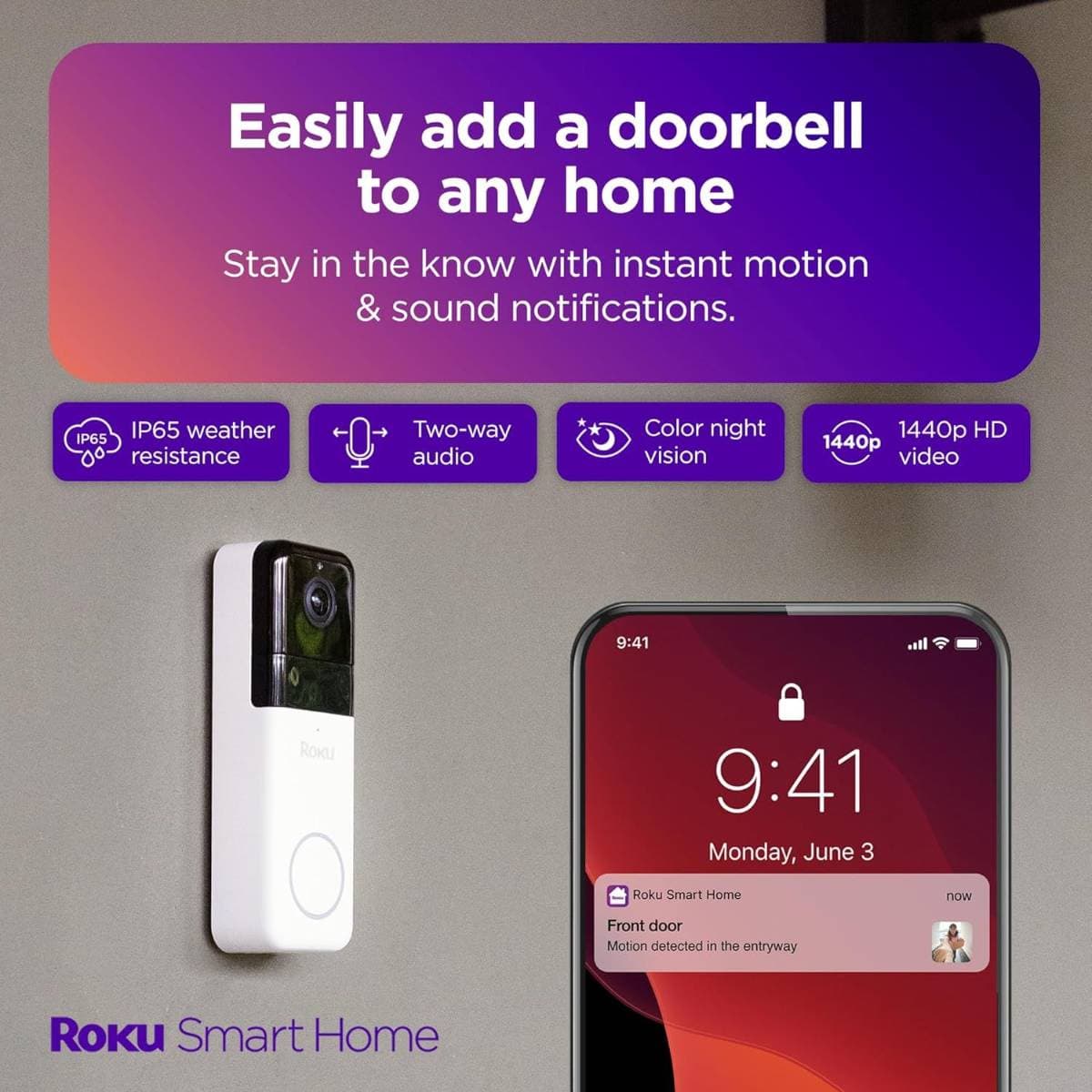 Roku Smart Home Wireless Video Doorbell & Chime - 1440p HD Night Vision Ultrawide View Doorbell Camera with Motion & Sound Detection, Works with Alexa & Google - 90-Day Subscription Included thumbnail 2