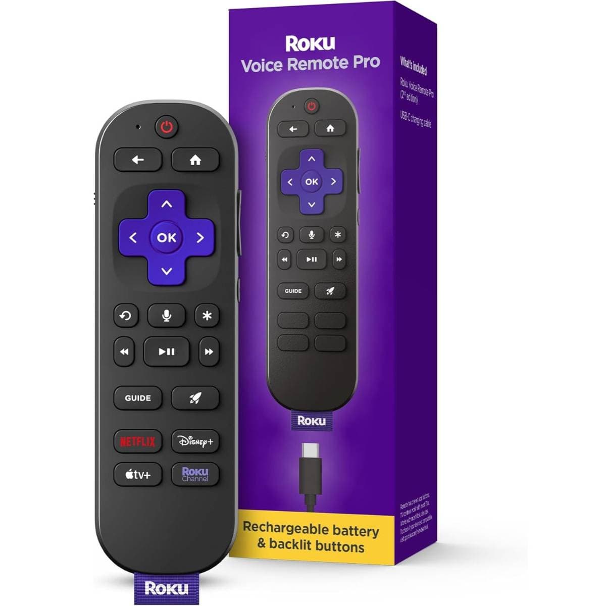 Roku Voice Remote Pro (2nd Ed.) | Rechargeable TV Remote Control with Hands-free Voice Controls, Backlit Buttons, & Lost Remote Finder - Replacement Remote Compatible with All Roku TV, Players & Audio thumbnail 1