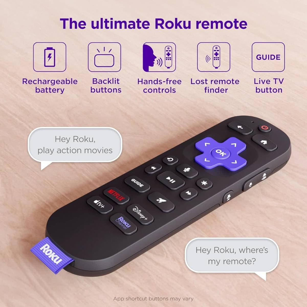 Roku Voice Remote Pro (2nd Ed.) | Rechargeable TV Remote Control with Hands-free Voice Controls, Backlit Buttons, & Lost Remote Finder - Replacement Remote Compatible with All Roku TV, Players & Audio thumbnail 2