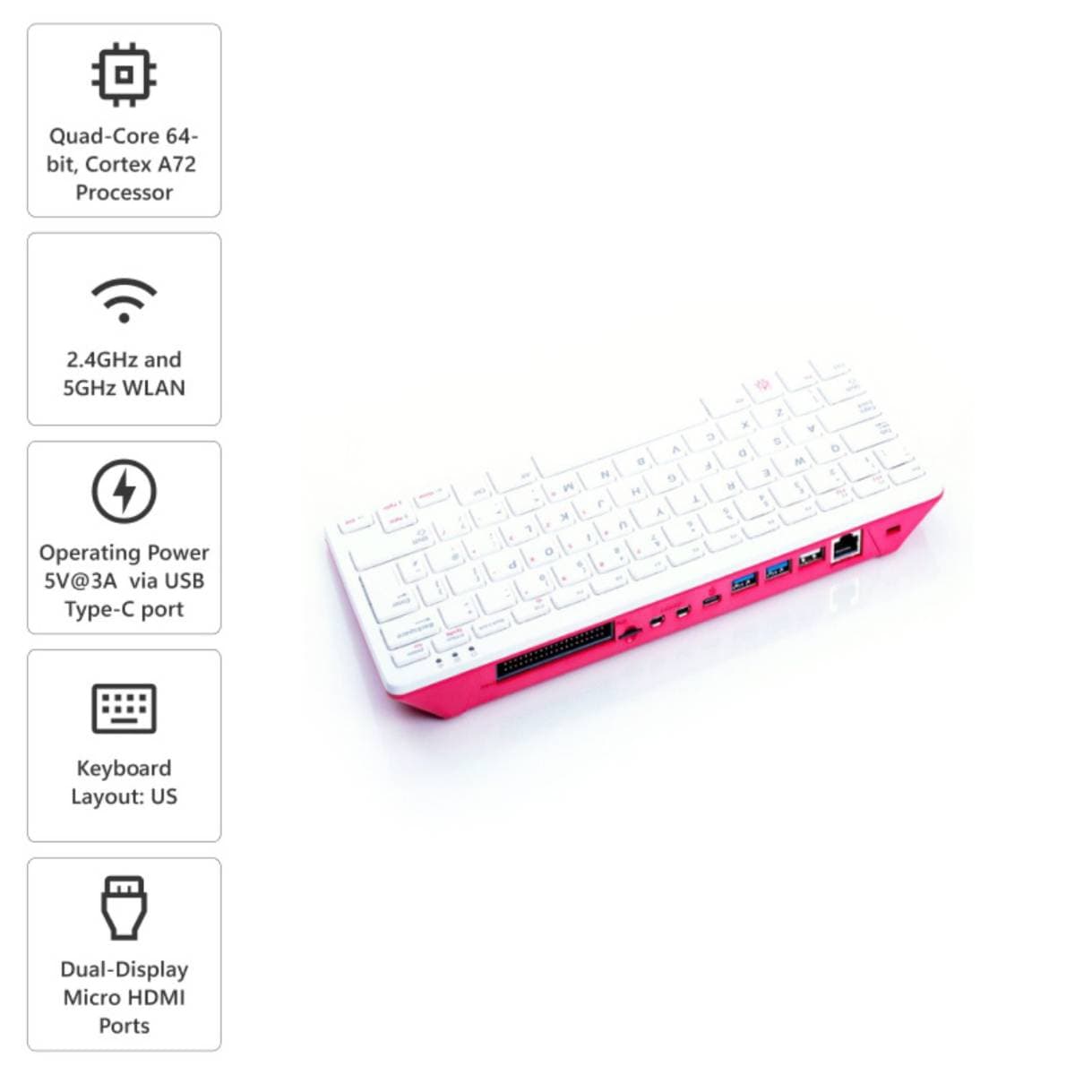 Raspberry Pi 400 Personal Computer – US Keyboard Layout, Built-in Quad-Core Cortex-A72 @1.8 GHz, 4GB RAM, Dual-Band Wi-Fi & Bluetooth 5.0 – Compact Keyboard PC with Dual 4K HDMI, Gigabit Ethernet & 40-Pin GPIO thumbnail 2