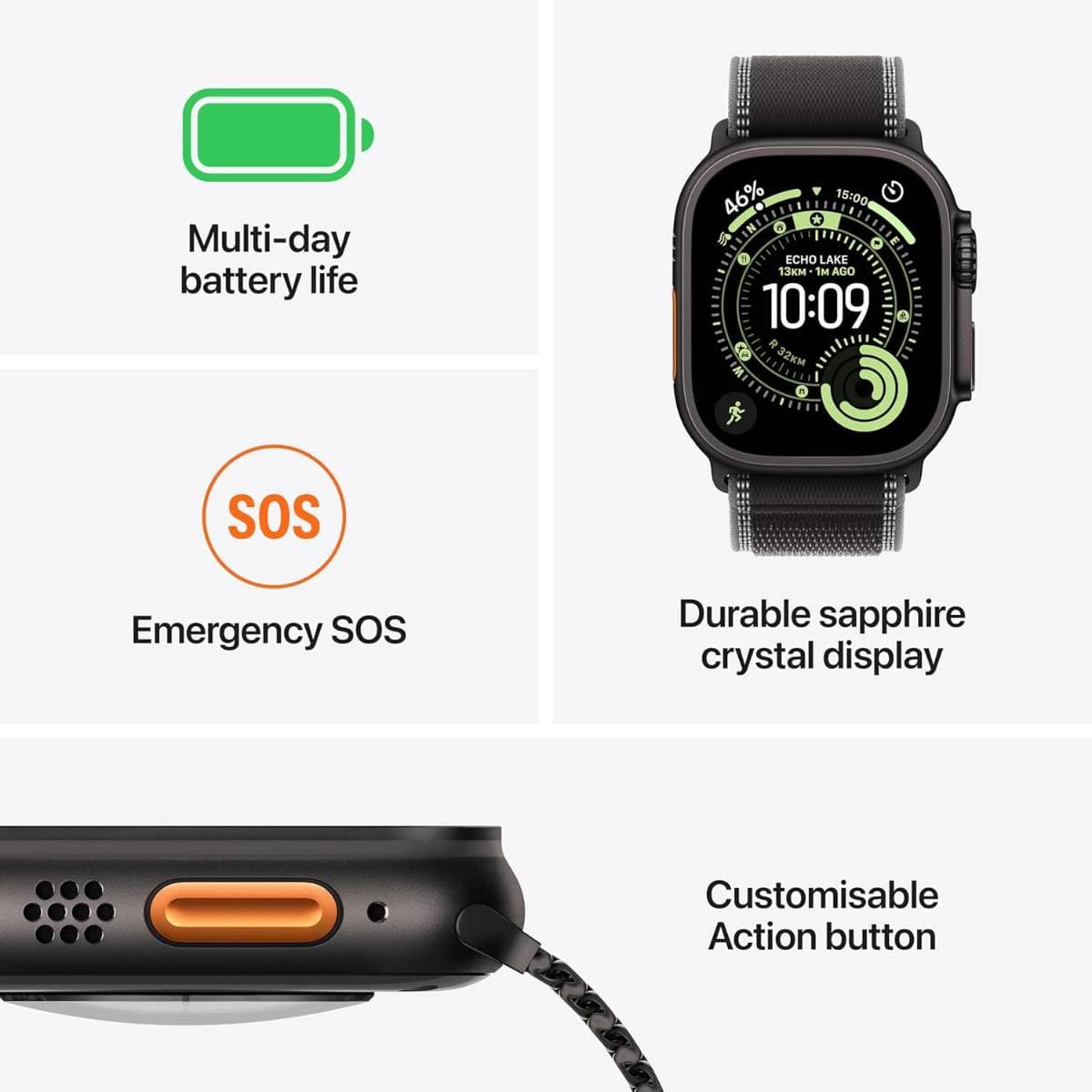 Apple Watch Ultra 3 GPS + Cellular 49mm Black Titanium Case with Black Trail Loop Band S/M | Always‑On Retina Display | Dual‑Frequency GPS | Advanced Health & Fitness Tracking | Water Resistant Up to 100m | Smartwatch for iPhone thumbnail 2