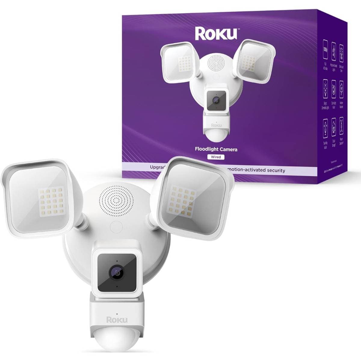 Roku Floodlight Camera for Home Security, Wired Outdoor Security Camera with 270° 1080p HD Night Vision, Dimmable Floodlights, Motion & Sound Detection, Remote Monitoring, 90-Day Subscription Included